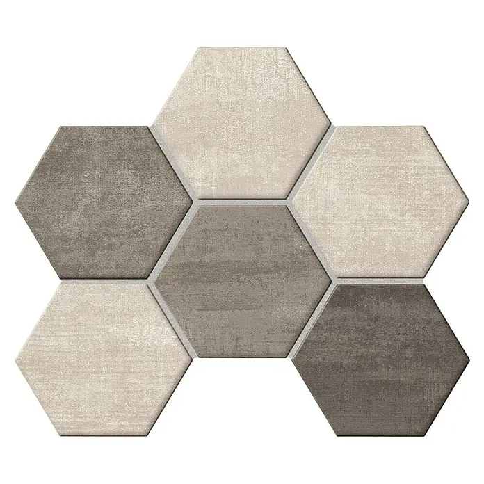 Atlas Concorde Solution Yorkshire Mosaikfliese Hexagon Cold - 25,3 x 33 cm, Beige/Grau/Anthrazit, Matt - Sechseckige Fliesen in verschiedenen Grautönen mit matter Oberfläche und schmalen, hellgrauen Fugen. Ideal für moderne Wohnräume.