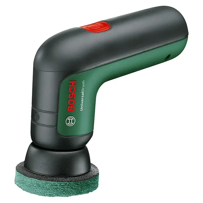 Bosch Akku-Reinigungsbürste UniversalBrush - 14 -tlg., 3,6 V, 2 Ah - Akkubetriebene Bosch UniversalBrush mit grünem Schrubberkopf und rotem Einschaltknopf, ideal für die Reinigung im Haushalt.