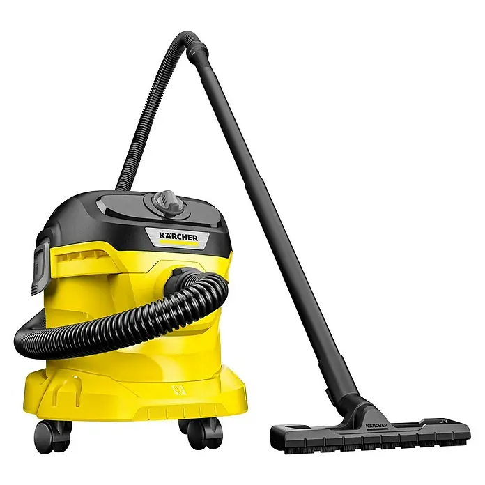 Aspirador en seco y húmedo eléctrico KWD2 - 1.000 W, Volumen de recipiente: 12 l, Con bolsa - Aspiradora amarilla Kärcher para sólidos y líquidos con manguera negra y tubo telescópico para tareas de limpieza.