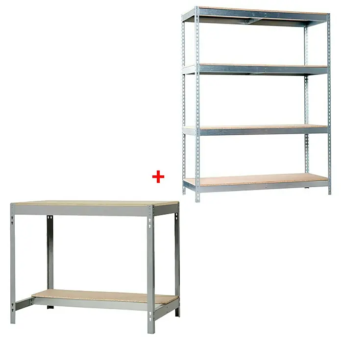 Simonrack Juego de banco de trabajo BT0 151 con estantería Chipboard Ecoforte - Metal, 2 pzs. - La imagen muestra un sistema de estanterías gris y un banco de trabajo. Ambas piezas son de diseño sencillo y funcional para taller o almacén.