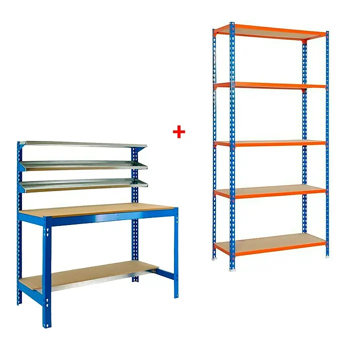 Simonrack Juego de banco de trabajo BT1 con estantería metálica Megaplus - Metal, 2 pzs. - Equipamiento de taller con banco de trabajo y estantería. Estructura metálica azul, superficie de trabajo resistente, estantes de almacenamiento.