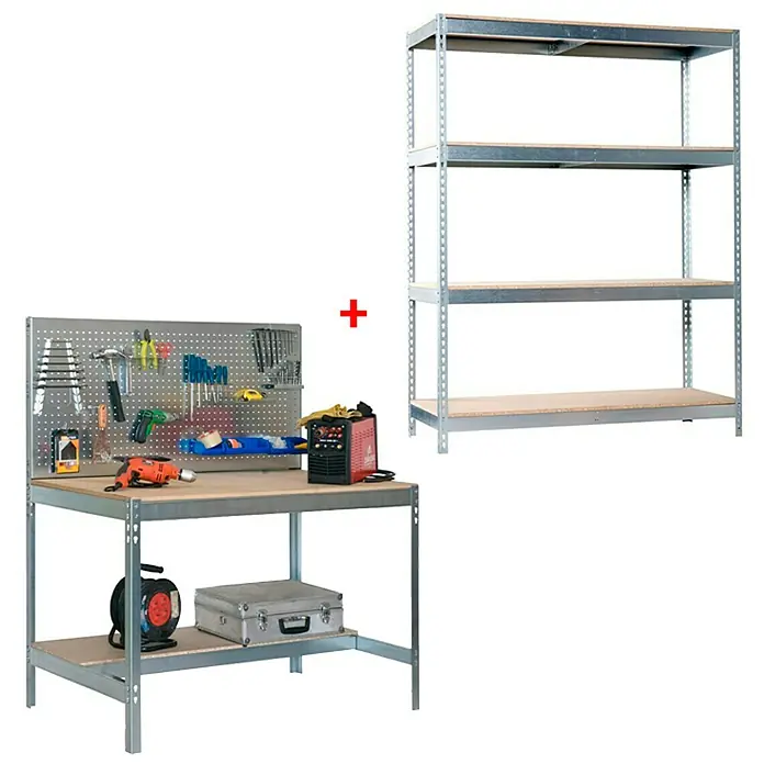 Simonrack Juego de banco de trabajo BT2 151 con estantería Chipboard Ecoforte - Metal, 2 pzs. - Banco de trabajo con panel perforado y herramientas más estantería con cuatro estantes. Ideal para taller y sala de hobbies, ofrece mucho espacio.