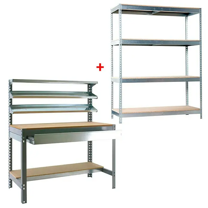 Simonrack Juego de banco de trabajo BT1 Box 121 con estantería Chipboard Ecoforte - Metal, 2 pzs. - Combinación de banco de trabajo y estanterías de alta resistencia con estantes y cajón. Equipo de taller sólido para taller y sala de pasatiempos.
