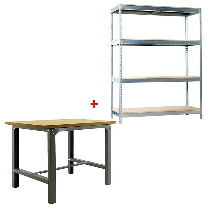 Simonrack Juego de banco de trabajo BT6 120 con estantería Chipboard Ecoforte - L x An: 120 x 75 cm, Metal, 2 pzs. - La imagen muestra un banco de trabajo con una superficie de madera y una estantería metálica con cuatro estantes.