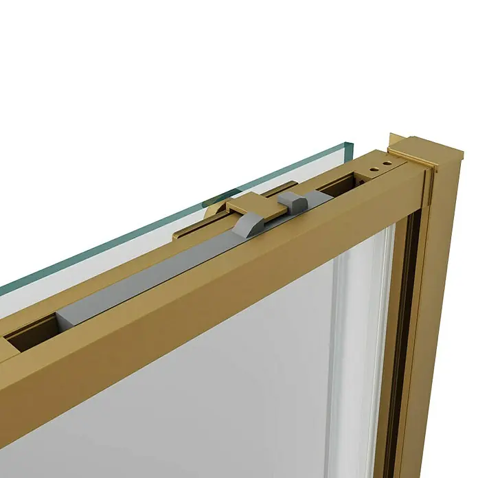 GME Mampara de ducha esquinera Twenty Angular - L x An x Al: 70 x 70 x 195 cm, Vidrio transparente, Oro - Primer plano de una ventana moderna con marco dorado, riel metálico gris y panel de vidrio, que muestra su diseño elegante y materiales de alta calidad.