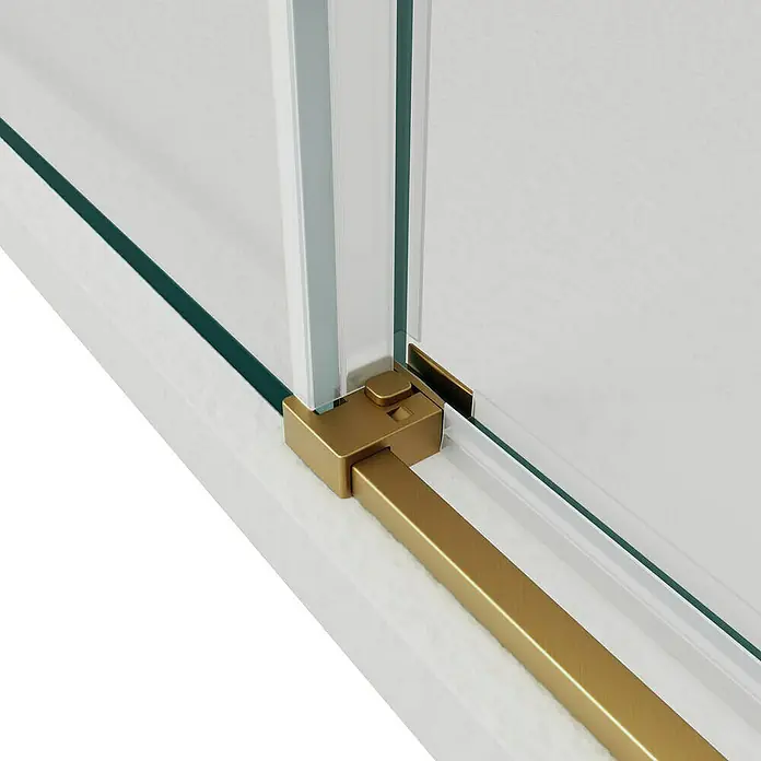 GME Mampara de ducha esquinera Twenty Angular - L x An x Al: 70 x 70 x 195 cm, Vidrio transparente, Oro - Detalle de una cabina de ducha con herrajes dorados y paneles de vidrio transparente, mostrando un diseño elegante y moderno.