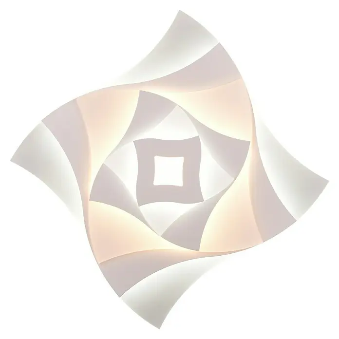Trio Leuchten LED-Deckenleuchte AKITA - 56 W, L x B x H: 48 x 48 x 5,5 cm, Weiß-matt, Mehrfarbig - Nahaufnahme einer modernen Deckenleuchte mit einem spiralförmigen Design, das ein warmes, einladendes Licht ausstrahlt, ideal für stilvolle Wohnräume.