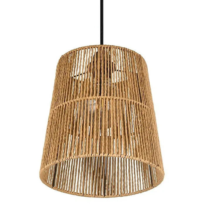 Trio Leuchten Pendelleuchte rund Holm - 10 W, Braun, E27 - Nahaufnahme einer Pendelleuchte mit einem Lampenschirm aus Seilgeflecht vor einem schwarzen Hintergrund.