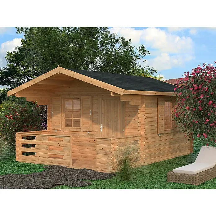Palmako Gartenhaus Emma - Außenmaß inkl. Dachüberstand (B x T): 394 x 490 cm, Holz, Braun - Eine gemütliche Blockhütte mit Terrasse, ideal für entspannte Stunden im Garten. Das Holzhaus bietet Schutz und ist ein Blickfang im Grünen.