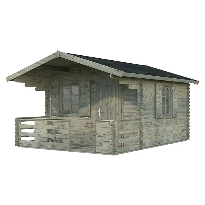 Palmako Gartenhaus Emma - Außenmaß inkl. Dachüberstand (B x T): 394 x 490 cm, Holz, Grau - Ein helles Holzgartenhaus mit überdachter Veranda, Fensterläden und einem Satteldach auf schwarzem Hintergrund.