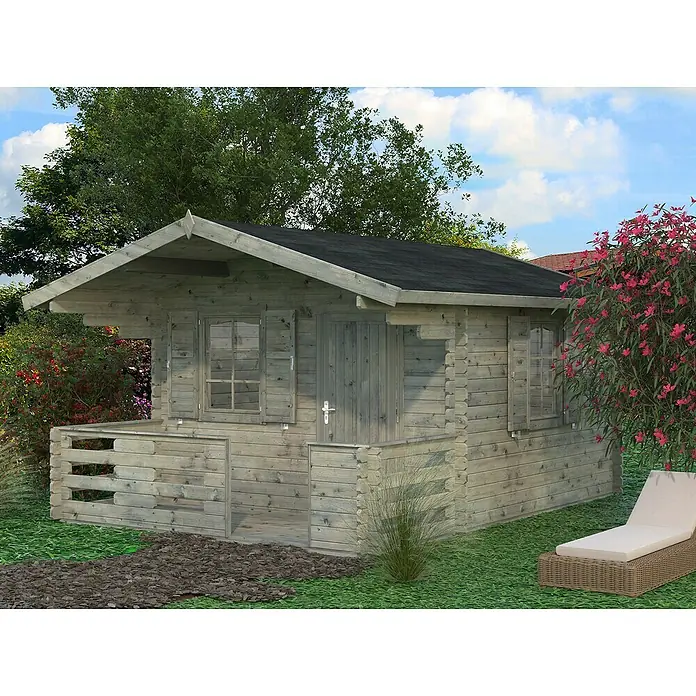 Palmako Gartenhaus Emma - Außenmaß inkl. Dachüberstand (B x T): 394 x 490 cm, Holz, Grau - Gemütliches Gartenhaus mit überdachter Veranda und Liegestuhl für entspannte Stunden im Freien. Das Haus bietet Schutz und Komfort im Garten.