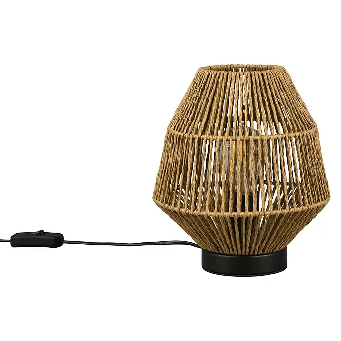 Reality Leuchten Miki Tischleuchte rund - 40 W, Ø x H: 20 x 20,5 cm, Braun, E27 - Elegante Tischleuchte mit einem Lampenschirm aus Naturfasern und einem schwarzen Sockel, die ein warmes und einladendes Licht verbreitet.