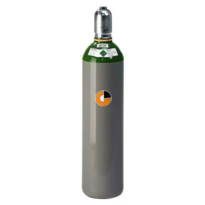 Westfalen Argon-Füllung * - Passend für: Westfalen Argon-Flaschen, 20 l - Metallgasflasche mit grauem Korpus, grüner Schulter und silberner Kappe, mit Produktetiketten und kreisförmigem Logo.
