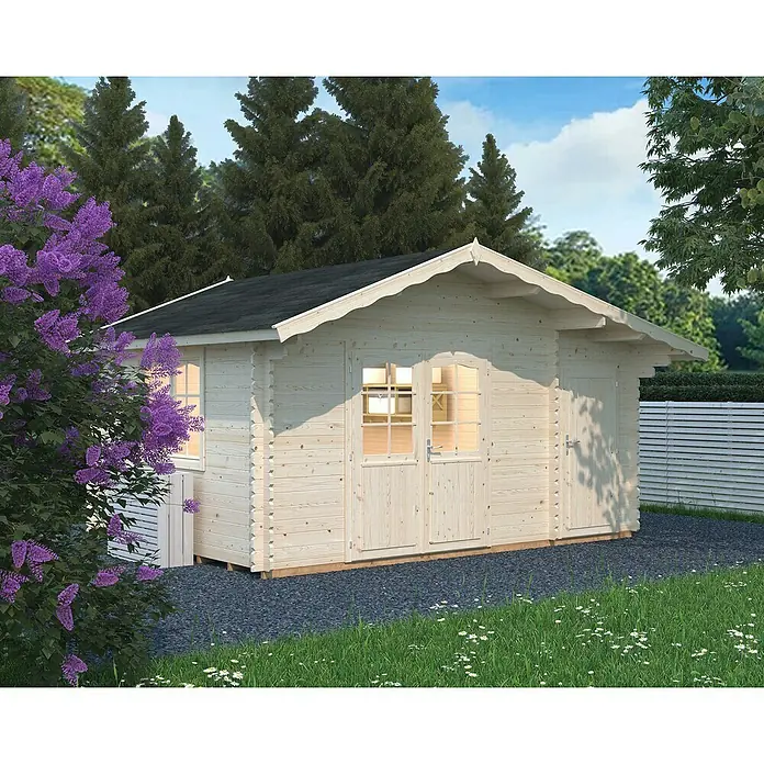 Palmako Gartenhaus Emma - Außenmaß inkl. Dachüberstand (B x T): 513 x 410 cm, Holz, Transparent - Abbildung eines hellen Holzgartenhauses mit schwarzem Dach, umgeben von Grün. Ideal für zusätzlichen Stauraum im Freien.