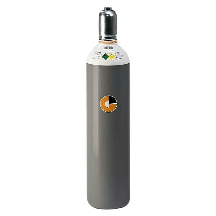 Westfalen Sauerstoff-Flasche ohne Füllung* - Fassungsvermögen: 20 l - Hohe, graue Industriegasflasche mit weißer Schulter, Metallventil und Sicherheitsetiketten.