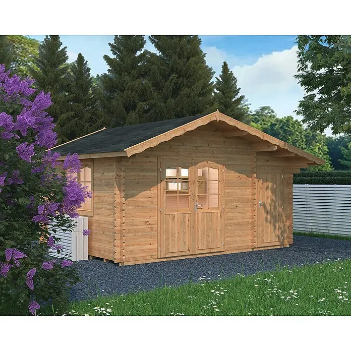 Palmako Gartenhaus Emma - Außenmaß inkl. Dachüberstand (B x T): 513 x 410 cm, Holz, Braun - Ein detailreiches Bild eines Holzgartenhauses mit Doppeltür, kleinem Fenster und seitlicher Tür, umgeben von üppigem Grün und einem lila Busch.