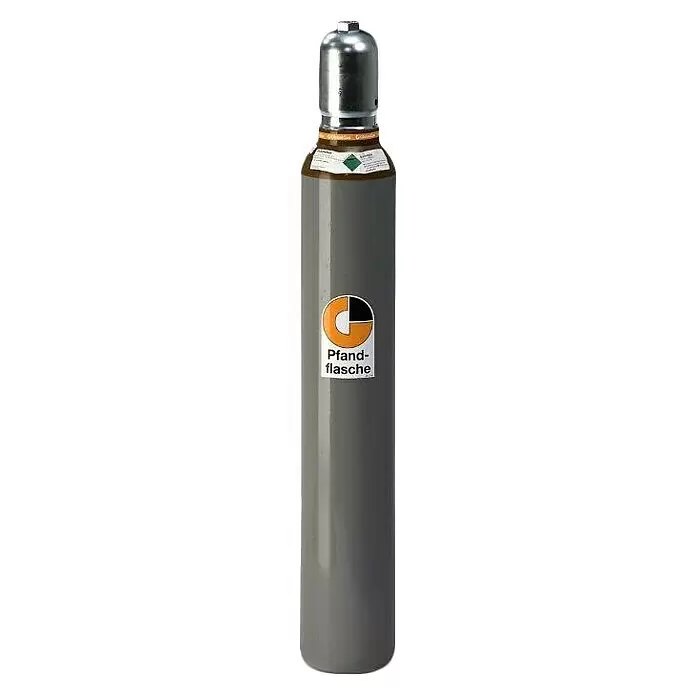 Westfalen Ballongas-Flasche ohne Füllung* - Fassungsvermögen: 10 l - Graue Gasflasche mit silbernem Ventil, mit „Pfandflasche“-Etikett und grünem Gefahrensymbol.
