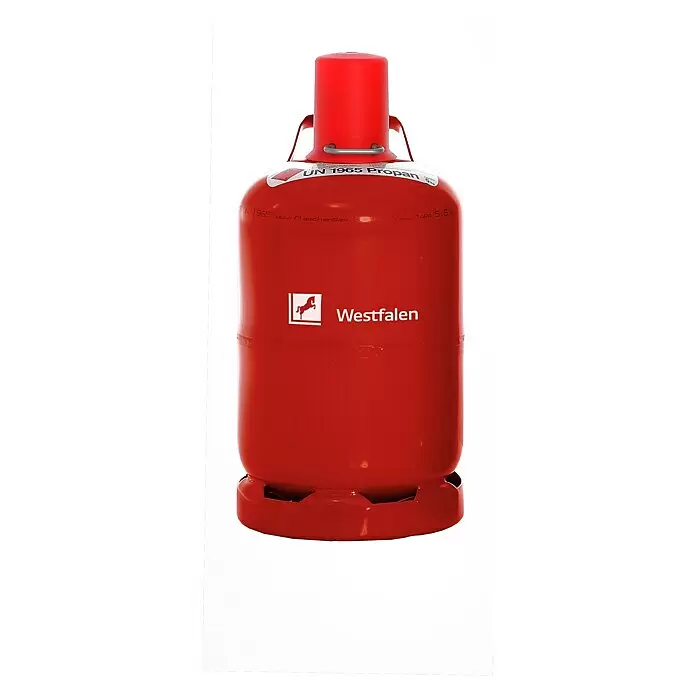 Westfalen Propangas-Flasche Pfandflasche ohne Füllung* - Fassungsvermögen: 5 kg - Rote Westfalen Propan-Gasflasche mit UN 1965 Propan Schriftzug und Pferdelogo.