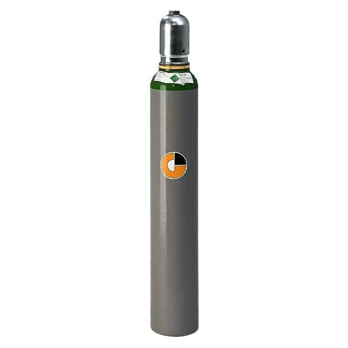 Westfalen Argon-Flasche ohne Füllung* - Fassungsvermögen: 10 l - Graue Metall-Argongasflasche mit metallischem Oberteil, einem grünen Band und einem orange-schwarzen runden Logo.