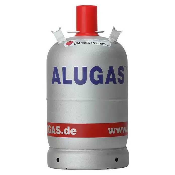 Westfalen Propangas-Flasche Alugas ohne Füllung* - Fassungsvermögen: 11 kg - Silbergraue ALUGAS Aluminium-Propangasflasche, 11 kg, mit roter Kappe und Band.