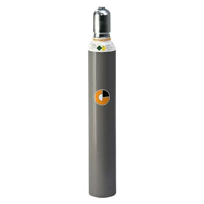Westfalen Sauerstoff-Flasche ohne Füllung* - Fassungsvermögen: 10 l - Graue Metallgasflasche mit Sicherheitsventil, Sicherheitsetiketten und einem runden orange-weiß-schwarzen Markenlogo.