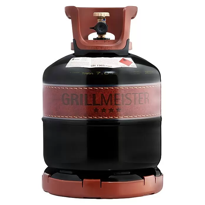 Westfalen Propangas-Flasche Grillgas Grillmeister - Fassungsvermögen: 8 kg - Schwarze Propangasflasche mit rotbraunem Griff, Standfuß und 'GRILLMEISTER' Etikett. Ideal zum Grillen.