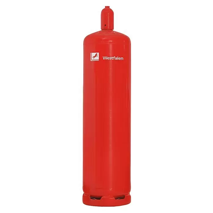 Westfalen Propangas-Flasche Pfandflasche ohne Füllung* - Fassungsvermögen: 33 kg - Rote Westfalen Gasflasche, ein hoher, aufrechter Metallbehälter zur Gaslagerung.