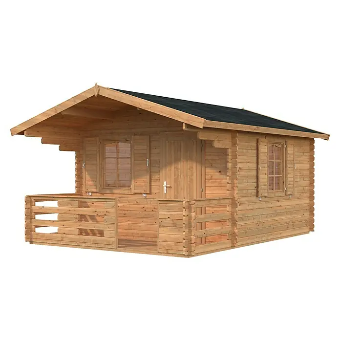 Palmako Gartenhaus Emma - Außenmaß inkl. Dachüberstand (B x T): 394 x 490 cm, Holz, Braun - Eine gemütliche Holzhütte mit überdachter Veranda, ideal für den Garten oder als Wochenenddomizil, mit Fensterläden und dunklem Dach.