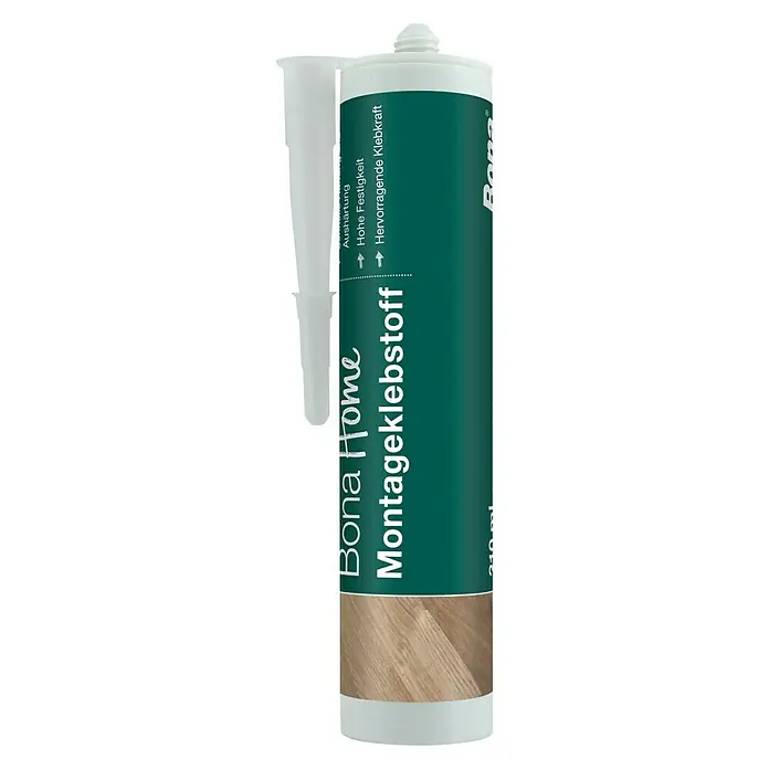 Bona Home Montagekleber - 520 g, Kartusche - Ein Standbild einer Kartusche Bona Home Montageklebstoff mit einer Düse. Das Produkt wird für Montagearbeiten im Innenbereich verwendet.