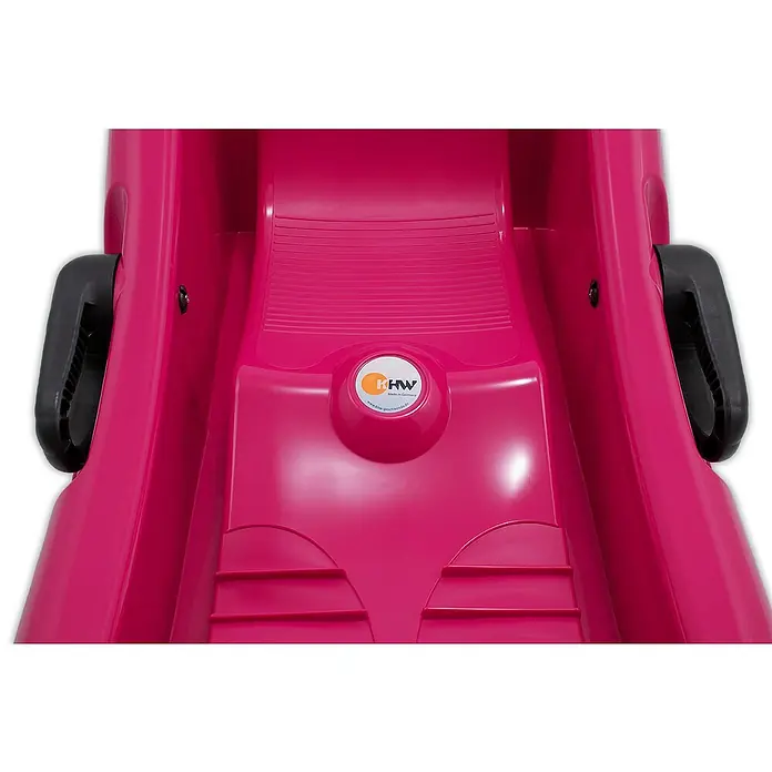 KHW Schlitten Snow Flipper - L x B: 98,5 x 51 cm, Belastbarkeit: 70 kg, Kunststoff, Anthrazit - Nahaufnahme eines pinkfarbenen KHW-Rodelschlittens mit schwarzen Griffen und dem KHW-Logo in der Mitte.