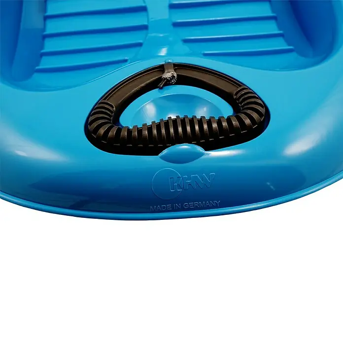 KHW Schlitten Snow Flipper - L x B: 98,5 x 51 cm, Belastbarkeit: 70 kg, Kunststoff, Eisblau - Nahaufnahme eines blauen KHW-Schlitten mit schwarzem Griff und dem Aufdruck "Made in Germany".