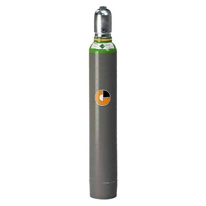 Westfalen Tycon-Flasche ohne Füllung* - Fassungsvermögen: 10 l - Graue Industriegasflasche für Argon mit Metallkopf, grünem Band und einem orange-weiß-schwarzen Logo.