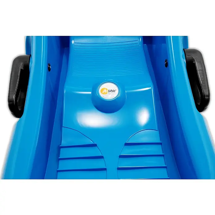 KHW Schlitten Snow Flipper - L x B: 98,5 x 51 cm, Belastbarkeit: 70 kg, Kunststoff, Eisblau - Nahaufnahme des blauen Rodelschlittens von HWH mit schwarzen Griffen. Robustes Design für winterlichen Spaß im Schnee.