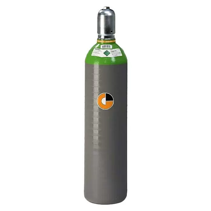 Westfalen Tycon-Flasche ohne Füllung* - Fassungsvermögen: 20 l - Industriegaszylinder mit grauem Körper, grüner Schulter und silberner Kappe, mit orange-schwarzem Logo.