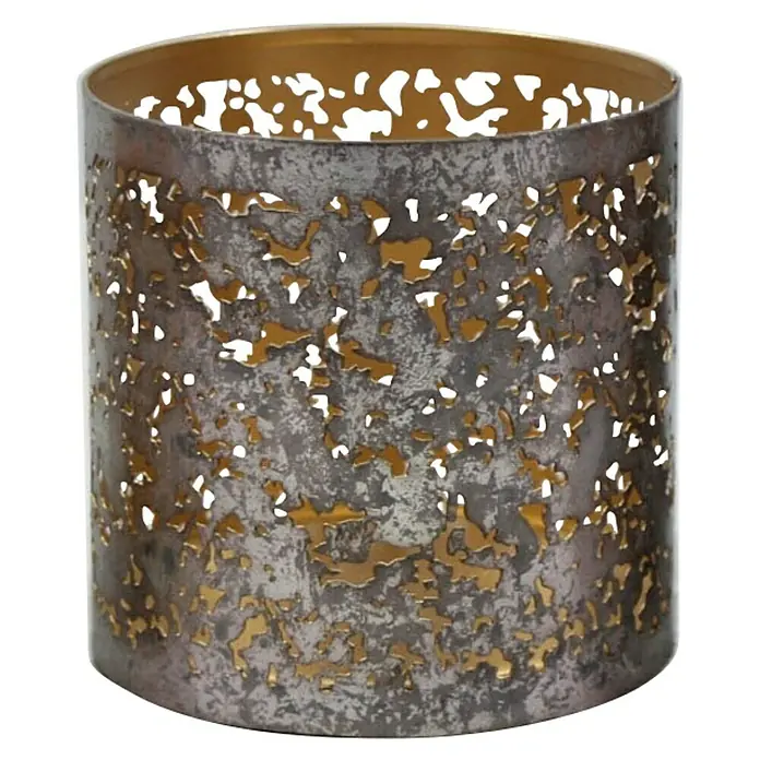 Teelichthalter Industrial - Ø x H: 10 x 10 cm, Grau, Metall - Kerzenhalter aus grauem Metall mit goldenen Akzenten, modernes Design für stimmungsvolle Beleuchtung.
