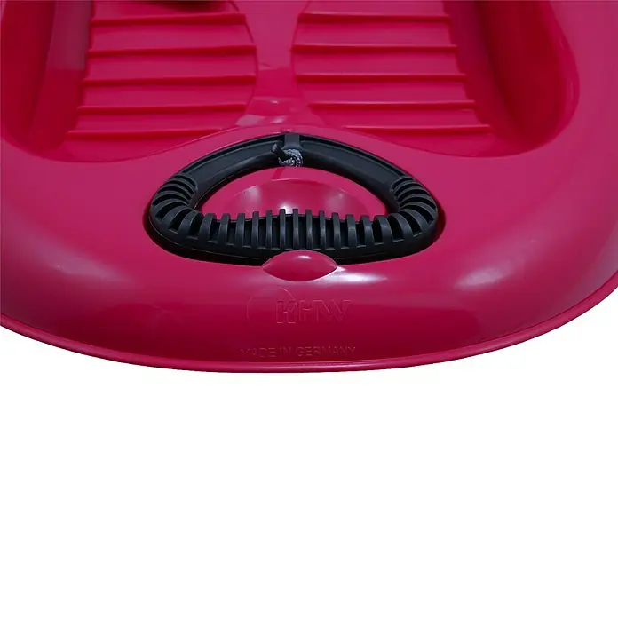 KHW Schlitten Snow Flipper - L x B: 98,5 x 51 cm, Belastbarkeit: 70 kg, Kunststoff, Anthrazit - Detailansicht eines roten KHW-Schlittens mit schwarzem Griff und dem Aufdruck "Made in Germany".