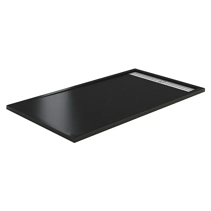 GME Plato de ducha Style Plus - L x An: 200 x 90 cm, Grafito - Plato de ducha negro con cubierta de acero inoxidable. El plato de ducha tiene una forma rectangular y un diseño moderno.