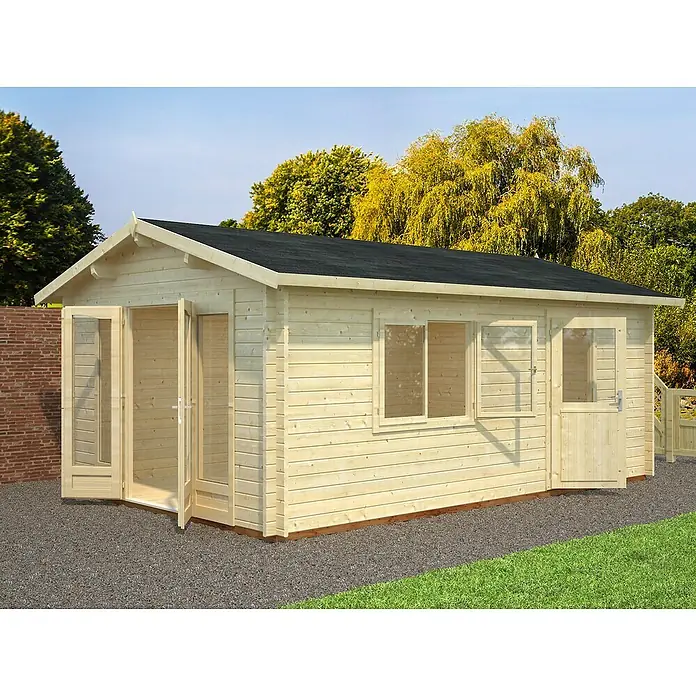 Palmako Gartenhaus Irene - Außenmaß inkl. Dachüberstand (B x T): 426 x 598 cm, Natur - Ein geräumiges Gartenhaus mit Doppeltür und Fenster, ideal für Hobby, Lagerung oder als stilvoller Rückzugsort im Garten.