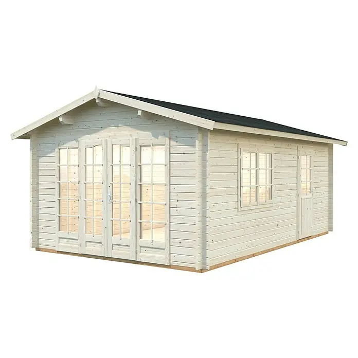 Palmako Gartenhaus Irene - Außenmaß inkl. Dachüberstand (B x T): 426 x 598 cm, Natur - Ein weißes Gartenhaus mit Doppeltüren und Fenstern, ideal für zusätzlichen Stauraum oder als gemütlicher Rückzugsort im Garten.