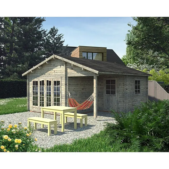 Palmako Gartenhaus Irene - Außenmaß inkl. Dachüberstand (B x T): 564 x 598 cm, Grau - Das Bild zeigt ein Holzgartenhaus mit einer überdachten Terrasse und einer Hängematte, ideal zum Entspannen im Freien. Eine passende Sitzgruppe ergänzt das Ensemble.