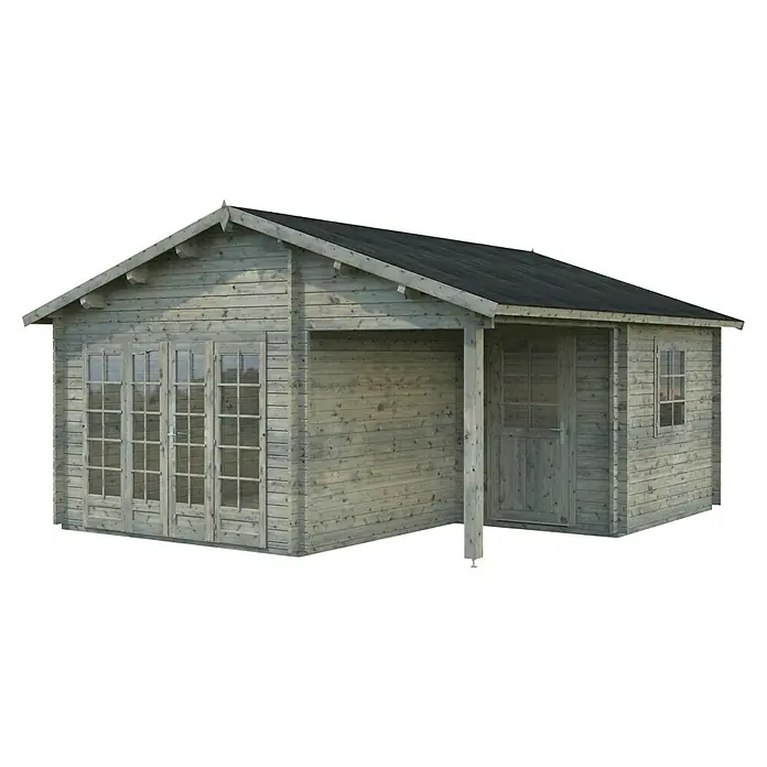 Palmako Gartenhaus Irene - Außenmaß inkl. Dachüberstand (B x T): 564 x 598 cm, Grau - Ein detailreiches Bild eines Blockhauses, das seine Holzkonstruktion und das dunkle Dach hervorhebt. Das Haus hat Fenster und Türen.