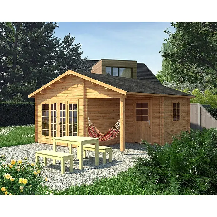 Palmako Gartenhaus Irene - Außenmaß inkl. Dachüberstand (B x T): 564 x 598 cm, Braun - Gemütliches Holzgartenhaus mit Terrasse und Hängematte, perfekt für entspannte Stunden im Grünen. Inklusive Tisch und Bänken.