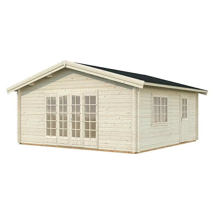 Palmako Gartenhaus Irene - Außenmaß inkl. Dachüberstand (B x T): 622 x 598 cm, Transparent - Diese Abbildung zeigt ein modernes Gartenhaus mit Doppeltür und Fenster, ideal für Ihren Garten oder als zusätzlicher Wohnraum.