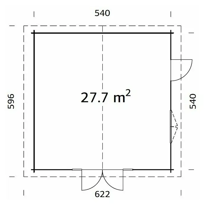 Palmako Gartenhaus Irene - Außenmaß inkl. Dachüberstand (B x T): 622 x 598 cm, Grau - Grundriss eines kleinen Hauses mit den Maßen 596 x 540 cm und einer Fläche von 27,7 m², inklusive Tür und Fenster.