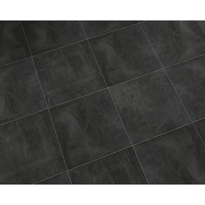 Feinsteinzeugfliese Manhattan Dark - 60 x 60 cm, Anthrazit, Matt - Nahaufnahme von anthrazitfarbenen Bodenfliesen mit subtiler Maserung und hellen Fugen, die ein modernes und elegantes Design zeigen.