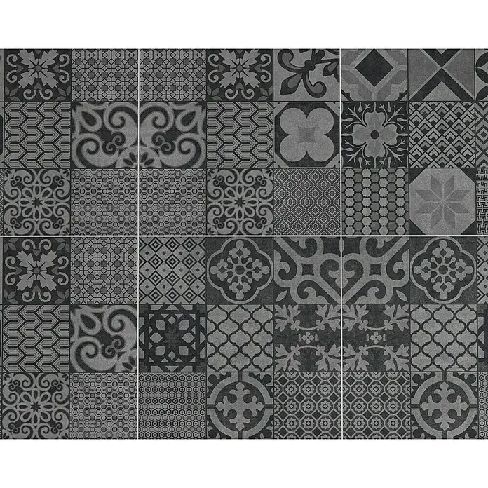 Ambiente by Palazzo Feinsteinzeugfliese Vintage60 x 60 cm, Schwarz, Matt - Vielfältiges Fliesendesign: Elegante Fliesen mit unterschiedlichen Ornamenten in Schwarz- und Grautönen für ein stilvolles Interieur.