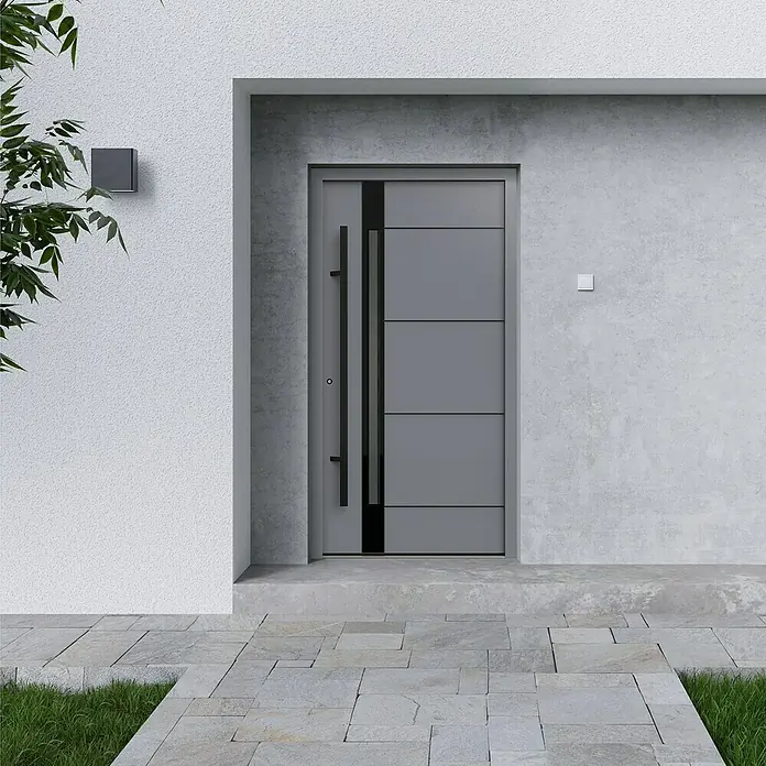 Gerda Haustür Thermo Prime 75 Rodan - 110 cm x 210 mm, DIN Anschlag: Links, Grau, Schwarze Details - Graue Haustür mit minimalistischem Design und geradlinigen Formen. Die Tür harmoniert perfekt mit der modernen Fassade des Hauses.