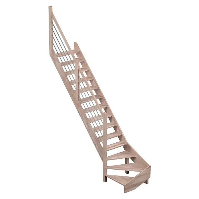 Sogem Escalera principal Nevada - Color peldaños: Haya, Ancho: 82 cm, 1/4 espiral izquierda, Altura de planta: 285 cm - Una escalera de madera con modernos cables de acero inoxidable como barandilla, que ofrece un diseño abierto y luminoso.\n