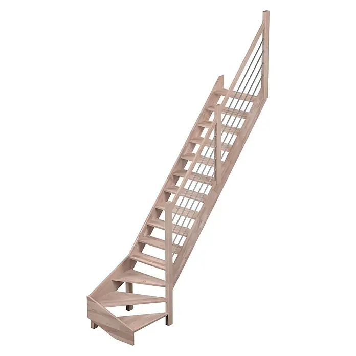 Sogem Escalera principal Nevada - Color peldaños: Haya, Ancho: 82 cm, 1/4 espiral derecha, Altura de planta: 285 cm - Una escalera de madera clara con rellano de cuarto de vuelta y barandilla de acero inoxidable muestra un diseño interior moderno y elegante.