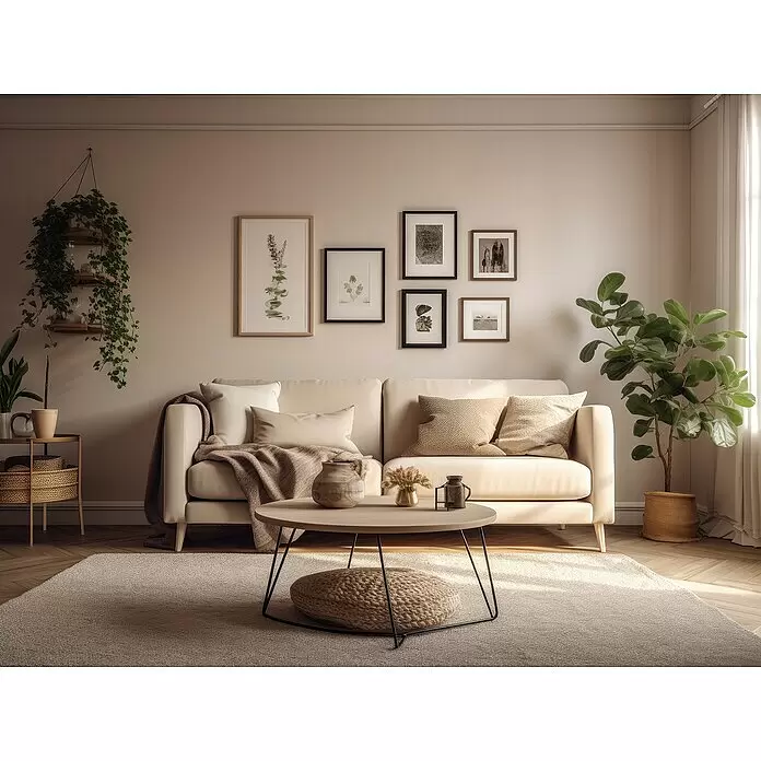 Inofix Gancho para colgar cuadros 3001 - Plástico, Transparente - Salón de tonos neutros con sofá crema, mesa de centro de madera y detalles naturales para un ambiente tranquilo.